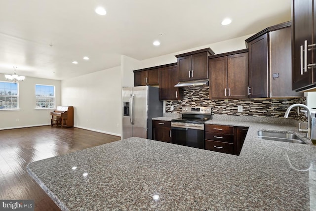 kitchen featuring tasteful backsplash, appliances with stainless steel finishes, stone countertops, a sink, and dark brown cabinets