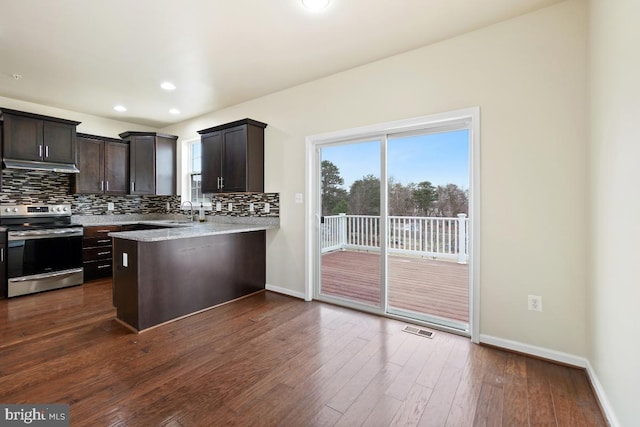 kitchen featuring decorative backsplash, dark brown cabinetry, a peninsula, stainless steel range with electric stovetop, and under cabinet range hood