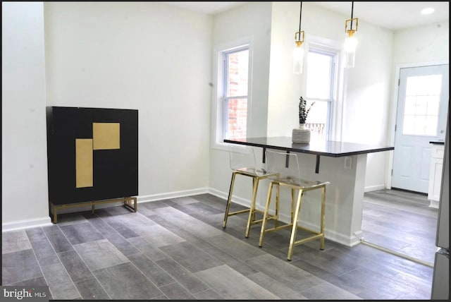 interior space featuring a wealth of natural light, dark wood-style floors, a breakfast bar, and baseboards