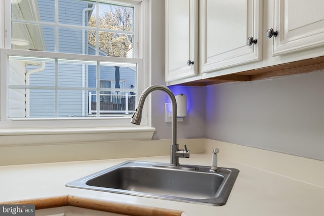 details with light countertops, a sink, and white cabinetry
