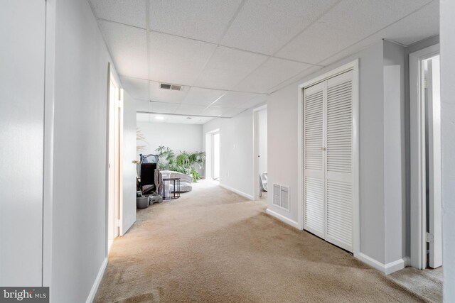 hallway with visible vents, a drop ceiling, and carpet