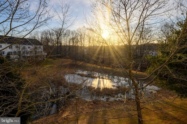 nature at dusk featuring a water view