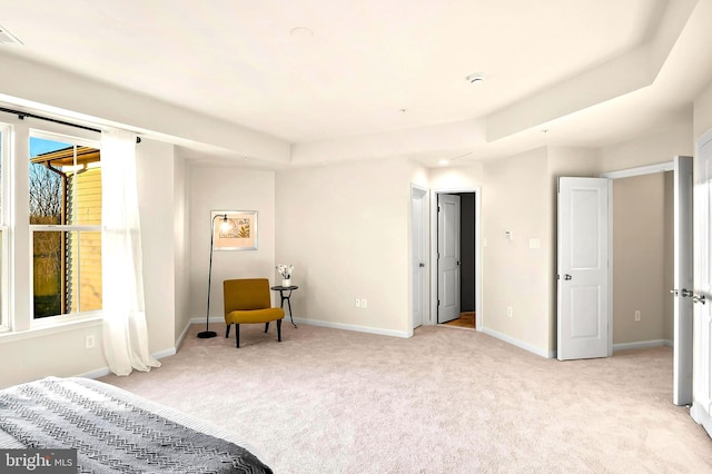 bedroom featuring light colored carpet and a tray ceiling