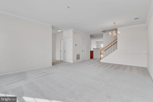 unfurnished living room featuring visible vents, crown molding, baseboards, stairway, and light colored carpet