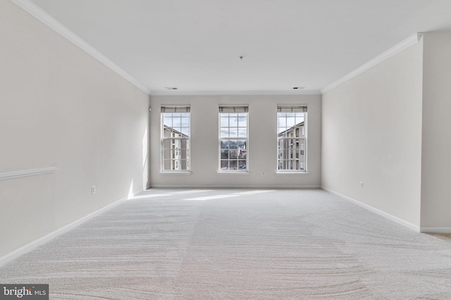 empty room featuring baseboards, carpet, and ornamental molding