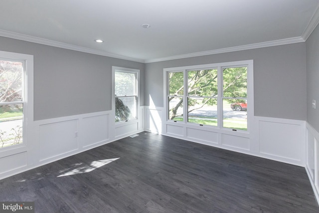 empty room with wainscoting, ornamental molding, dark wood-style floors, and a decorative wall