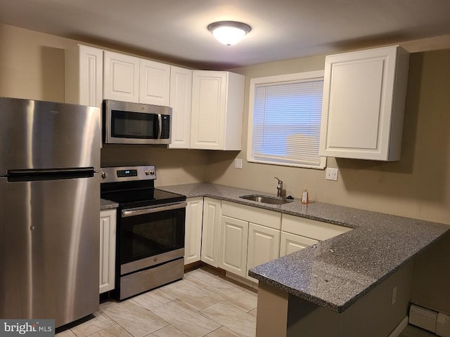 kitchen featuring sink, appliances with stainless steel finishes, kitchen peninsula, white cabinets, and dark stone counters