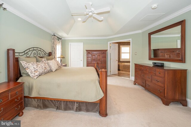 bedroom featuring ornamental molding, lofted ceiling, light colored carpet, and ceiling fan