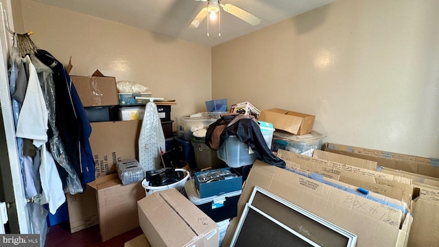 storage area featuring ceiling fan