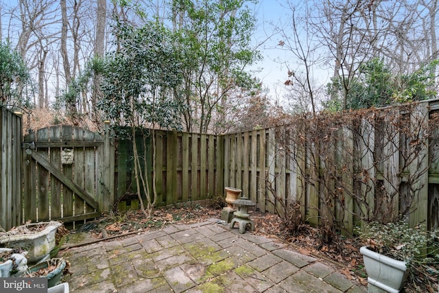 view of patio featuring a fenced backyard and a gate