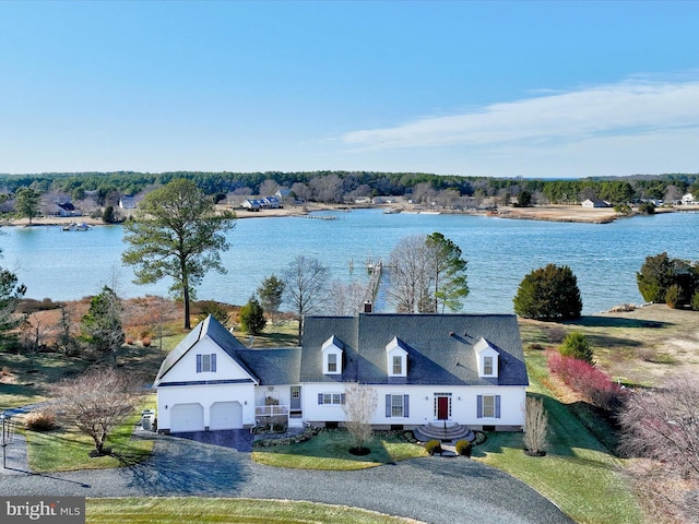 drone / aerial view with a water view