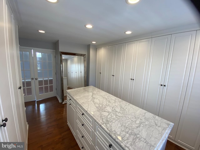 walk in closet with french doors and dark hardwood / wood-style floors