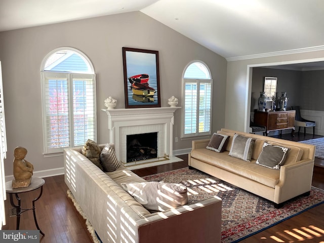 living room with lofted ceiling, dark wood-type flooring, and a fireplace