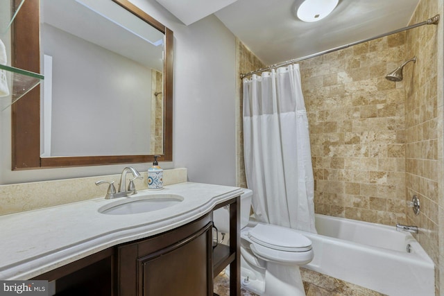 full bathroom with vanity, toilet, and shower / bath combo with shower curtain