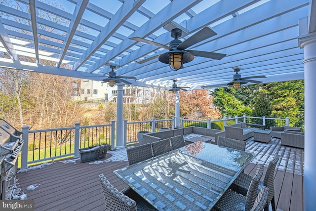 deck with an outdoor living space and a pergola