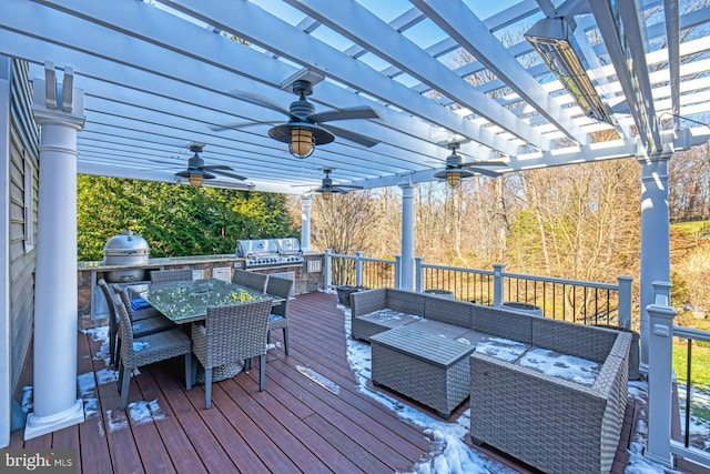 wooden deck featuring area for grilling, an outdoor living space, a pergola, and a grill