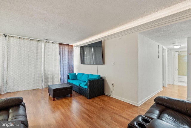 living room with hardwood / wood-style flooring and a textured ceiling