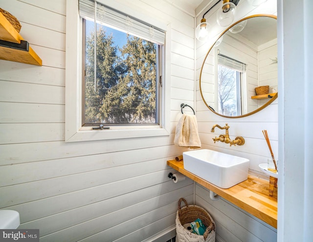 bathroom featuring sink and wooden walls