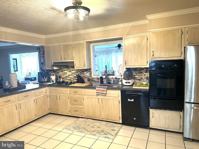 kitchen featuring sink, crown molding, light tile patterned floors, light brown cabinets, and black appliances