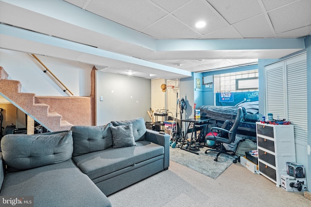 office with carpet and a paneled ceiling