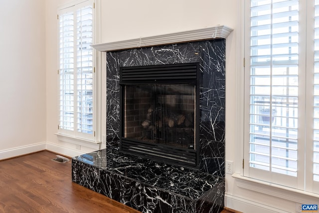 interior details featuring hardwood / wood-style flooring and a premium fireplace