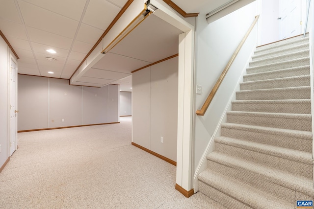 basement with light carpet and a drop ceiling