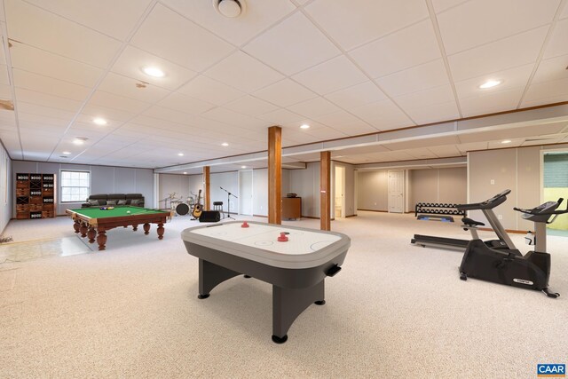 recreation room with pool table, carpet floors, and a paneled ceiling