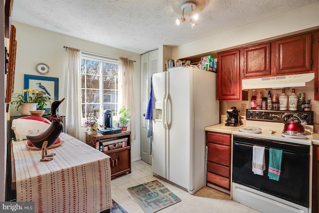 kitchen with range with electric cooktop, light tile patterned floors, a textured ceiling, and white fridge with ice dispenser