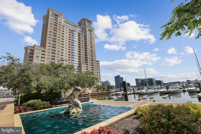 exterior space with a water view