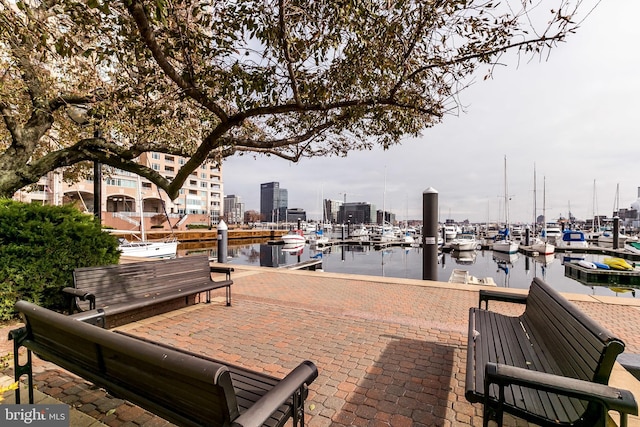 view of patio / terrace with a water view