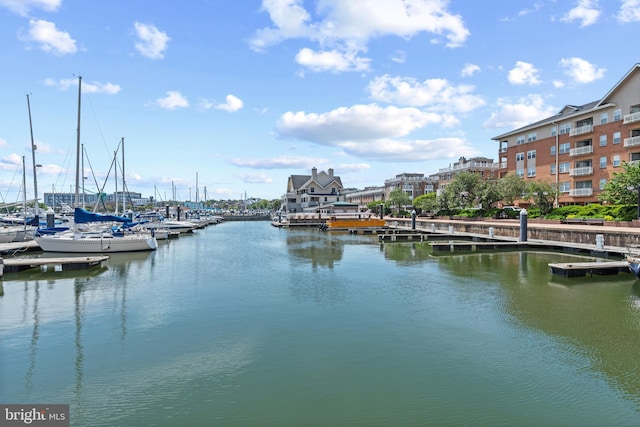 property view of water with a dock