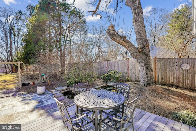 wooden deck featuring a fenced backyard and outdoor dining area