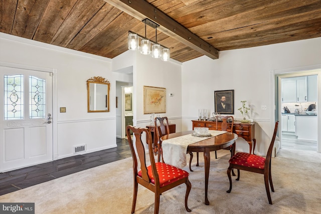 carpeted dining room with wood ceiling, lofted ceiling with beams, and visible vents