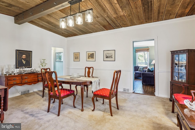 dining space with carpet, wood ceiling, visible vents, and lofted ceiling with beams