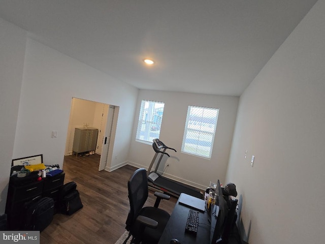 workout room with dark hardwood / wood-style flooring