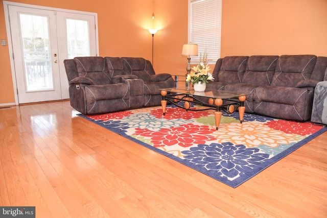 living room with wood-type flooring and french doors