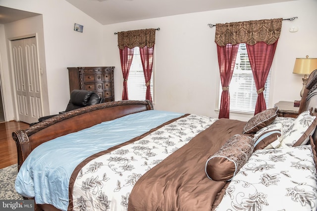 bedroom with lofted ceiling, hardwood / wood-style floors, and a closet