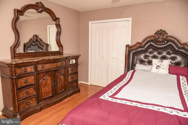 bedroom featuring wood-type flooring and a closet