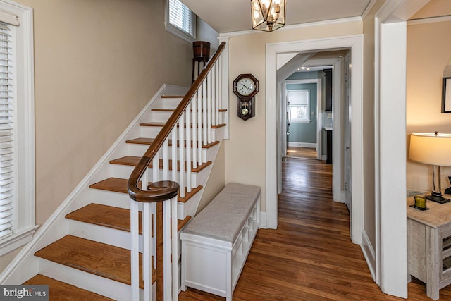 stairs featuring a healthy amount of sunlight, crown molding, baseboards, and wood finished floors