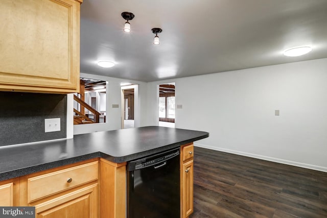 kitchen with black dishwasher, light brown cabinets, and dark hardwood / wood-style flooring