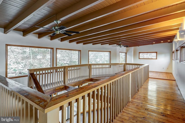 hall featuring beamed ceiling, wooden ceiling, and light hardwood / wood-style floors