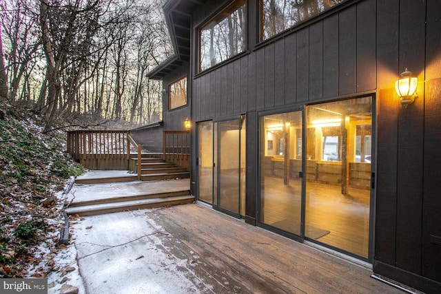 view of snow covered deck