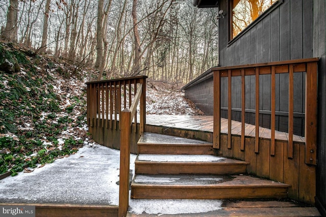 view of snow covered deck