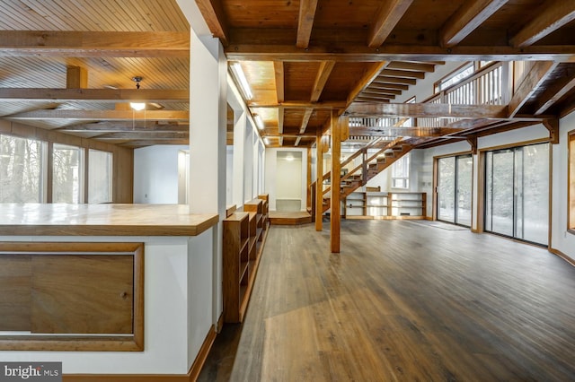 interior space with wood-type flooring and wooden ceiling