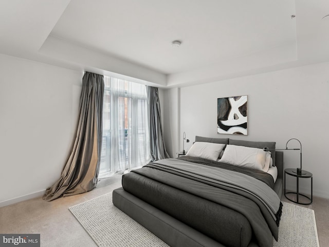 carpeted bedroom with a tray ceiling