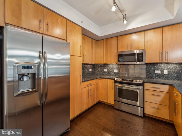 kitchen featuring tasteful backsplash, appliances with stainless steel finishes, dark hardwood / wood-style flooring, and dark stone counters