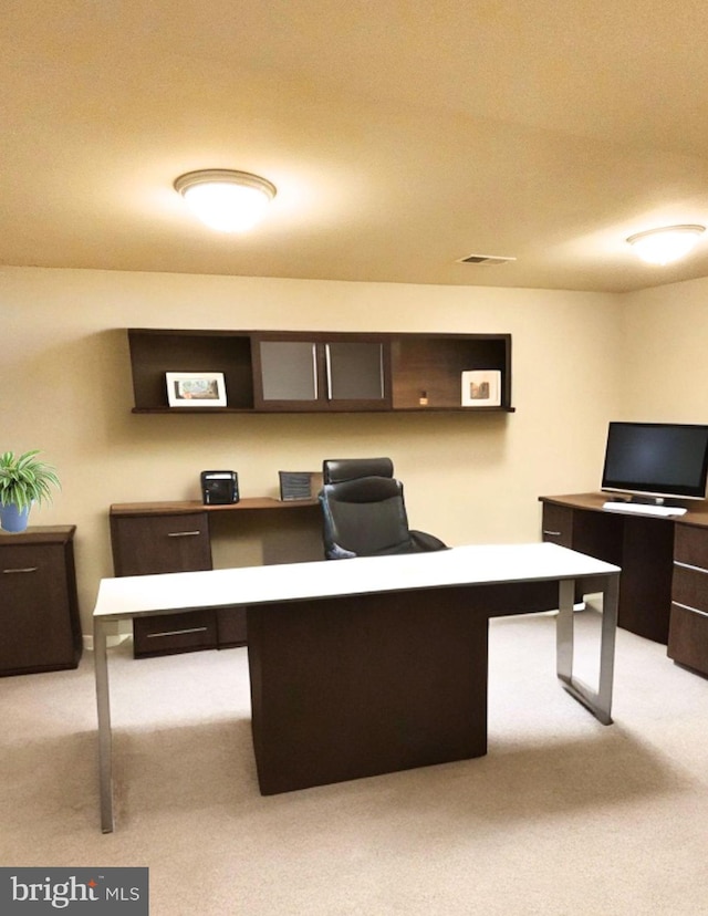 office area featuring light colored carpet