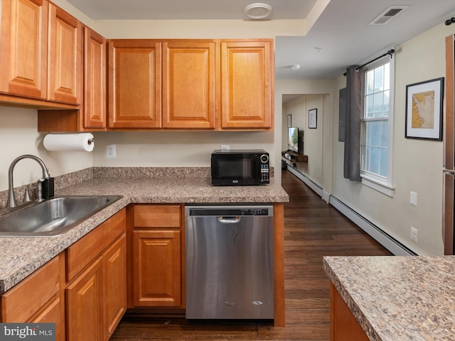 kitchen with dark hardwood / wood-style floors, dishwasher, sink, and a baseboard radiator