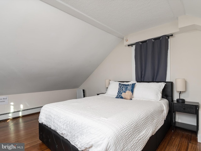 bedroom featuring a baseboard radiator, lofted ceiling, dark hardwood / wood-style flooring, and a textured ceiling