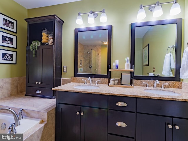 bathroom featuring vanity and independent shower and bath